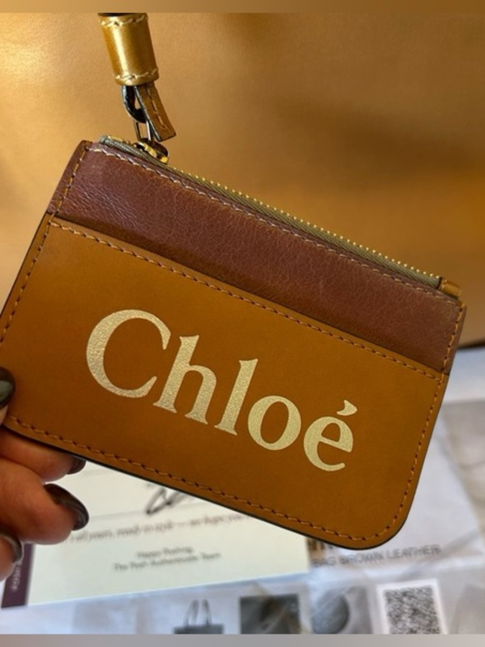 CHLOE Coin tan and metallic pink Leather 4.5x3” Coin Key Purse